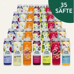 Fünfunddreißig LiveFresh Säfte in verschiedenen Sorten und Farben. Hinweis im Bild: „35 SÄFTE“.