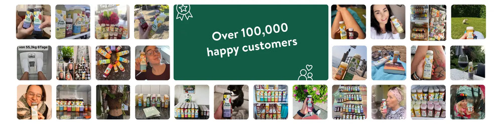 Collage of customer-submitted photos showcasing LiveFresh juice bottles in various settings, with a central green banner reading "Over 100.000 happy customers".
