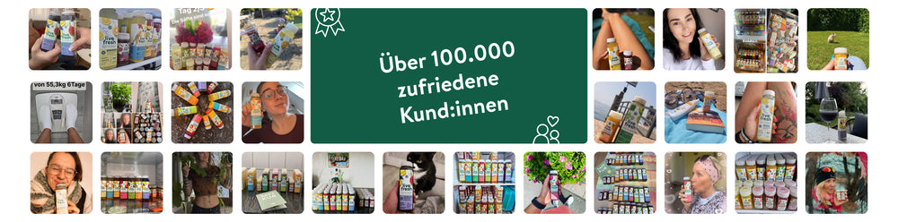 Kunden-Collage mit zentralem Text „Über 100.000 zufriedene Kund:innen“ – Desktop-Layout