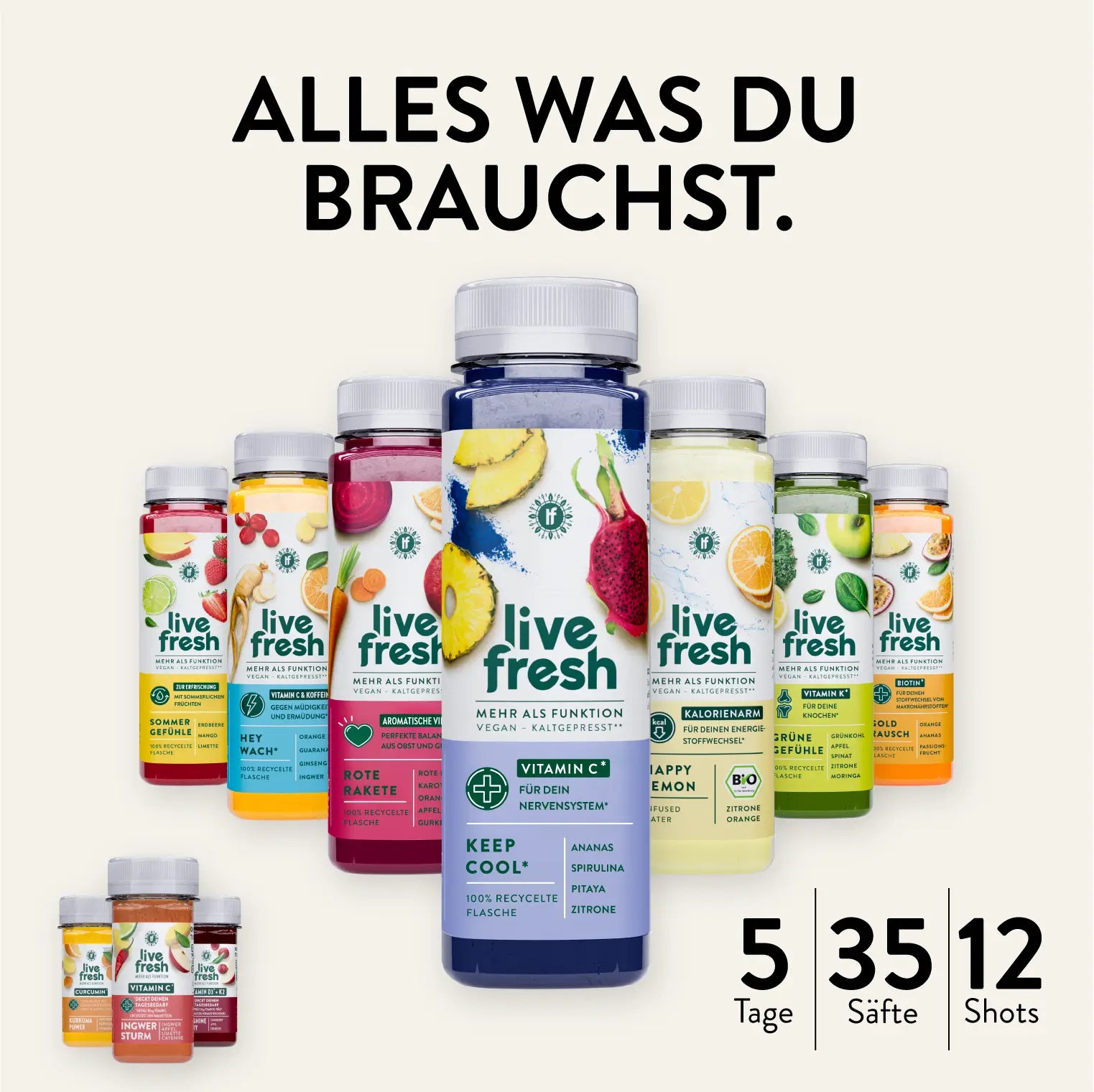 Verschiedene LiveFresh-Säfte und Shots vor beigem Hintergrund, zentral eine große Flasche „Keep Cool“. Unten rechts: „5 Tage, 35 Säfte, 12 Shots“ – dazu der Text: „Alles was du brauchst.“