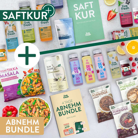 LiveFresh Abnehmbundle und Saftkur Produkte mit Protein Drinks. Funktionsgetränken. Slim Support. Slim Shake. Vegan Tikka Masala und Porridge. Im Mittelpunkt liegen die Guides mit der Aufschrift "Saft Kur. Dein Guide zur Saftkur" und "4 Tage Abnehm Bundle. Dein Guide". Große Beschriftungen zeigen außerdem "Saftkur" und "Abnehm Bundle".