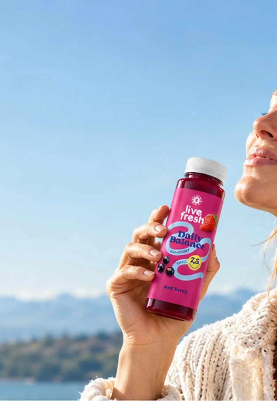 Frau hält einen LiveFresh Daily Balance Drink in die Sonne