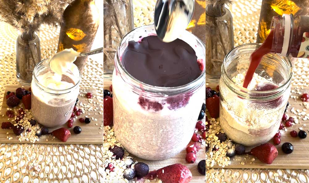 Drei Bilder in einem zeigen die Zubereitung von Overnight Oats mit LiveFresh Saft: Links wird Joghurt hinzugefügt, in der Mitte die fertige Bowl mit Schokoladenglasur und Beeren, rechts wird LiveFresh Saft in ein Glas mit Haferflocken gegossen.