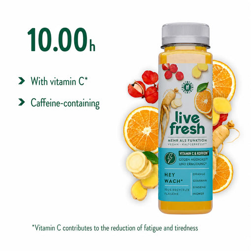 The image shows LiveFresh Hey Wach juice with ingredients such as orange, ginger, and guarana. It is surrounded by citrus fruits and ginger. The text highlights the vitamin C and caffeine content—ideal for combating fatigue.