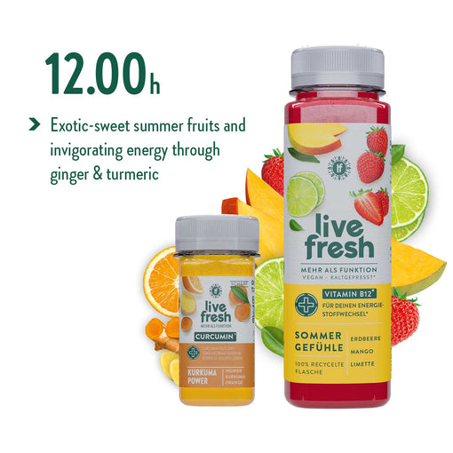 LiveFresh juice and curcumin shot with mango, strawberry, lime, orange, ginger, and turmeric, promoting energy at 12 o'clock. 