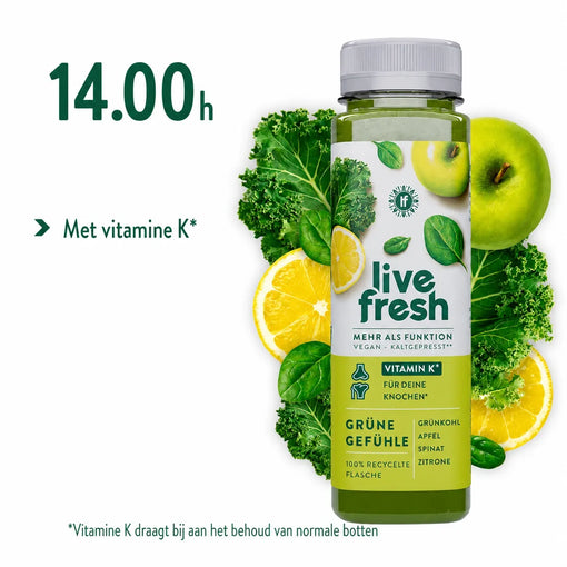LiveFresh-groenesap met boerenkool, appel, spinazie en citroen, met de nadruk op de voordelen van vitamine K, die bijdraagt ​​aan het behoud van normale botten.
