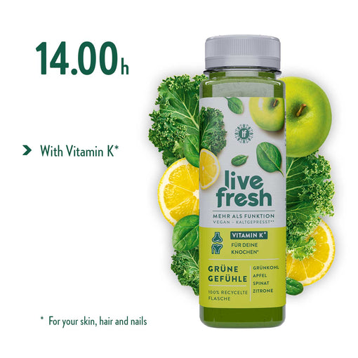 LiveFresh green juice with kale, apple, spinach, and lemon, highlighting Vitamin K benefits for skin, hair, and nails at 2 p.m.