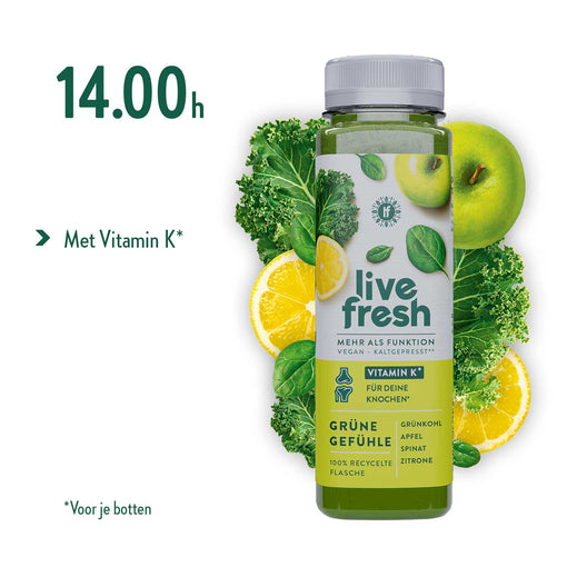 LiveFresh groene sap met boerenkool, appel, spinazie en citroen, rijk aan vitamine K voor huid, haar en nagels om 14:00u