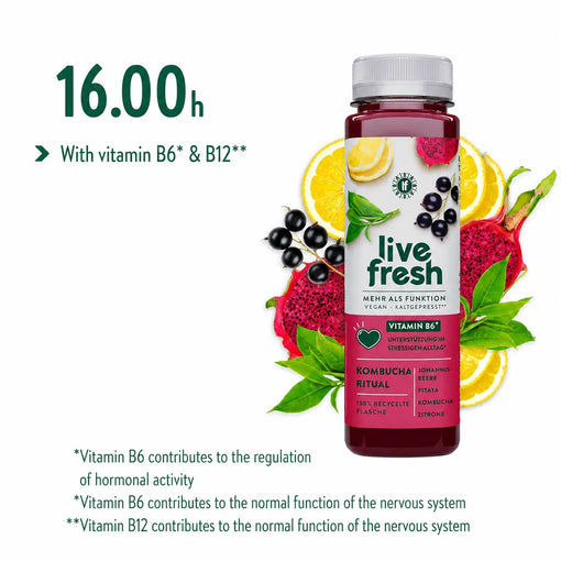 LiveFresh kombucha drink with dragon fruit, lemon, and berries, featuring Vitamin B6 and B12, which contribute to the normal regulation of hormonal activity and mormal function of the nervous system.