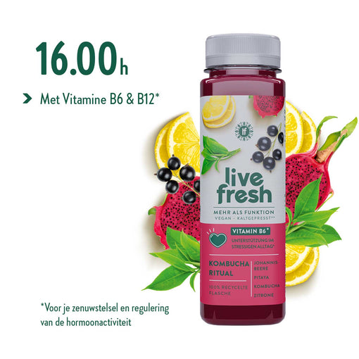 LiveFresh kombucha drank met pitaya, citroen en bessen, met vitamine B6 en B12 voor ondersteuning bij stress om 16:00u
