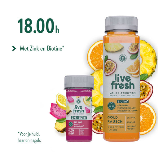 LiveFresh sap en supplement met ananas, sinaasappel en passievrucht, met zink en biotine voor huid, haar en nagels om 18:00u