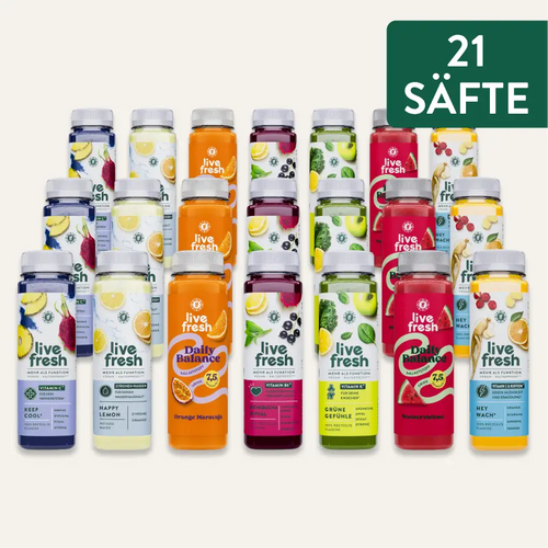 Einundzwanzig LiveFresh Säfte in verschiedenen Farben und Geschmacksrichtungen als Produktübersicht. Hinweis im Bild: „21 SÄFTE“.