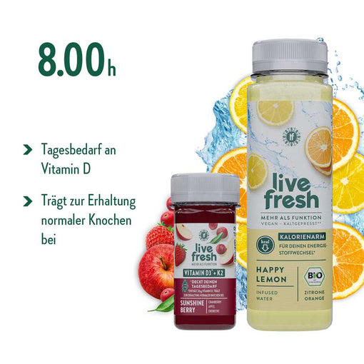 Zeigt „Live Fresh“-Produkte für 8:00 Uhr: den „Sunshine Berry“-Shot für den Vitamin-D-Bedarf und das kalorienarme „Happy Lemon“-Getränk zur Unterstützung des Stoffwechsels.