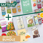 Collage aus Saftkur und Foodkur, mit dem Label „Abnehm-Bundle“ versehen. Oben kaltgepresste Säfte und Saftkur-Guide, unten Proteinmix, Porridge, Tikka Masala, Nahrungsergänzung und der Foodkur-Plan – als Komplettpaket zur Unterstützung beim Abnehmen.