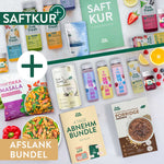 LiveFresh Saftkur und Abnehmbundle mit Säften. Slim Support. Slim Shake. Protein Drinks. Vegan Tikka Masala. Schoko Porridge und dem Guide "4 Tage Abnehm Bundle". Das Motiv trägt zusätzlich die Texte "SAFTKUR" und "AFSLANK BUNDEL".