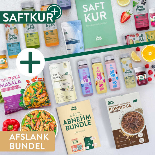 LiveFresh Saftkur und Abnehmbundle mit Säften. Slim Support. Slim Shake. Protein Drinks. Vegan Tikka Masala. Schoko Porridge und dem Guide "4 Tage Abnehm Bundle". Das Motiv trägt zusätzlich die Texte "SAFTKUR" und "AFSLANK BUNDEL".