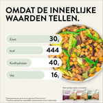Vegane Bowl mit Kichererbsen und Gemüse als Beispiel für nährstoffreiches Essen zum Abnehmen. Text im Bild lautet "OMDAT DE INNERLIJKE WAARDEN TELLEN. Eiwit 30 g kcal 444 Koolhydraten 40 g Vet 16 g".