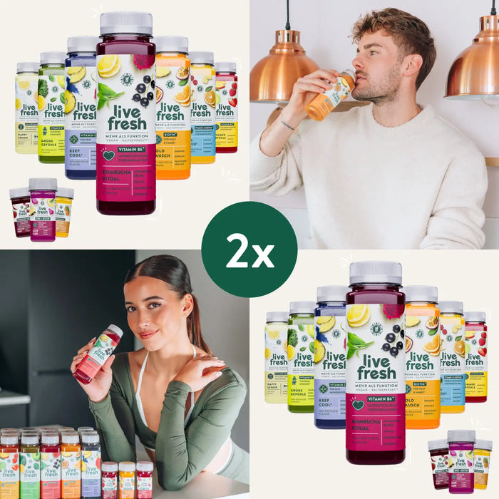 LiveFresh Saftkur Couple & Friends Bundle mit Säften, Shots und Lifestyle-Motiven.