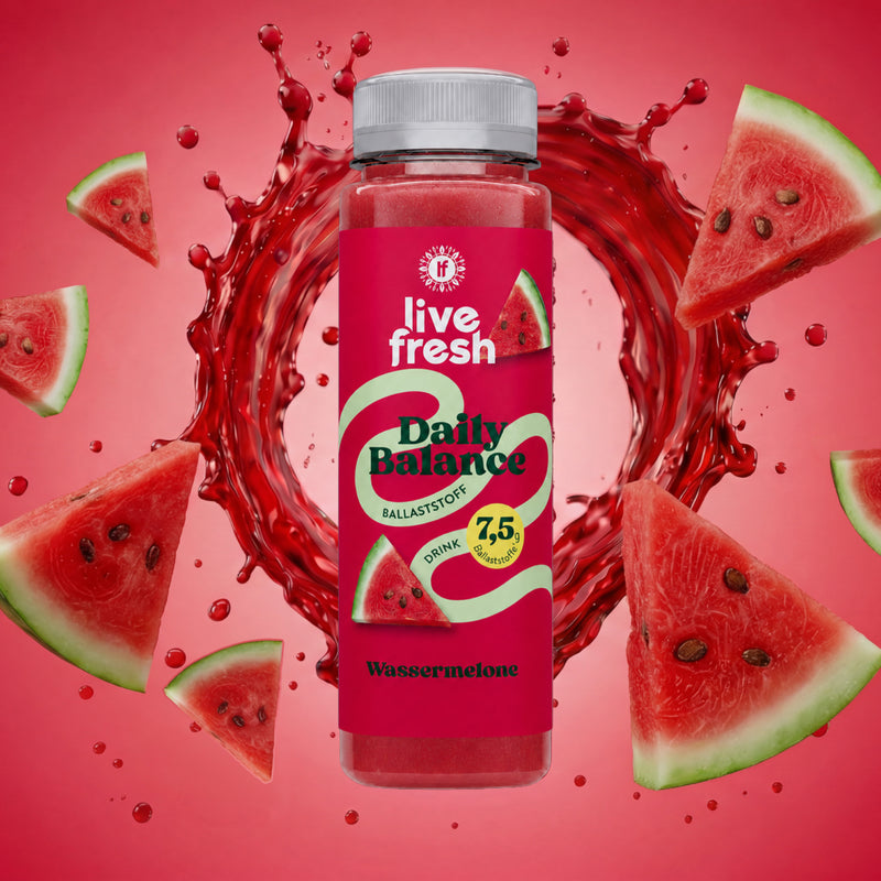 LiveFresh Daily Balance Ballaststoffquelle Drink Wassermelone mit frischen Wassermelonenstücken und Saftswirl im Hintergrund