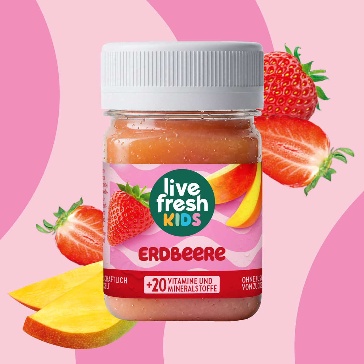 LiveFresh Kids Strawberry in a jar against a pink background with strawberries and mango pieces. The label reads “live fresh KIDS,” “STRAWBERRY,” and “+20 VITAMINS AND MINERALS.”