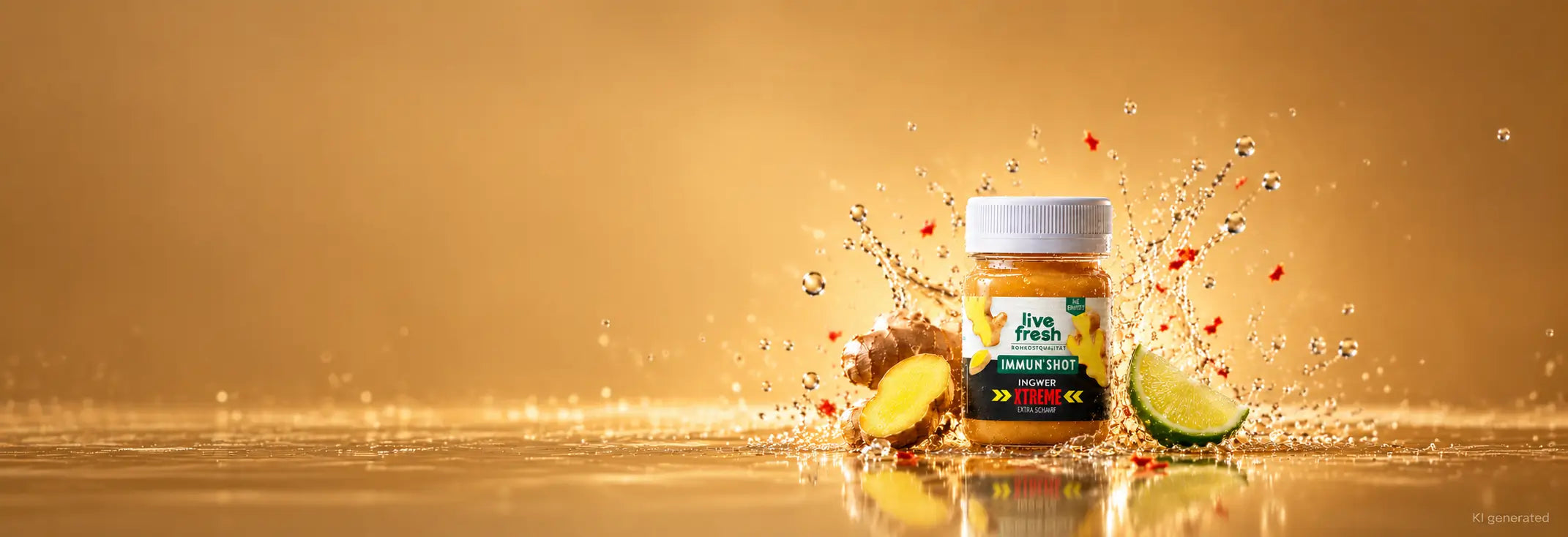 LiveFresh Immun Shot Ingwer Xtreme extra scharf mit frischem Ingwer, Limettenspalten und roten Chilistücken, umgeben von spritzenden Safttropfen vor einem goldenen Hintergrund.