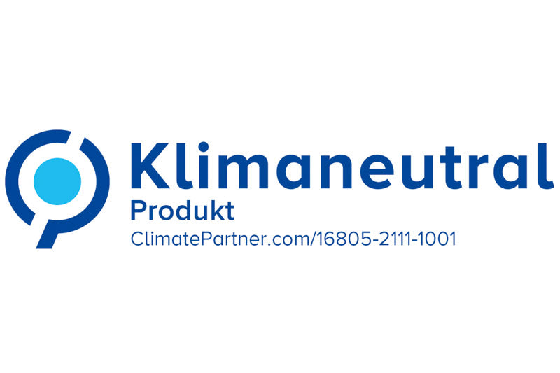 das Klimaneutral-Logo, das die Zertifizierung eines Produkts als klimaneutral darstellt. Unter dem Logo ist der Hinweis auf die Webseite von ClimatePartner.com zu sehen, inklusive der spezifischen ID-Nummer für das klimaneutrale Produkt: "16805-2111-1001".