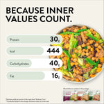 Nutritional overview of the vegan “Kurkuma Curry” bowl by LiveFresh: 30g protein, 444 kcal, 40g carbohydrates, 16g fat. A colorful bowl with chickpeas, green beans, and wild rice is shown, with more meal options pictured below.