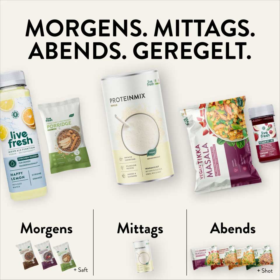 Strukturierte Tagesübersicht für das Abnehm-Bundle: morgens Porridge mit Saft, mittags ein cremiger Proteinshake, abends veganes Tikka Masala mit Vitaminshot. Der Text „Morgens. Mittags. Abends. GEREGELT.“ unterstreicht den klaren Ernährungsablauf.