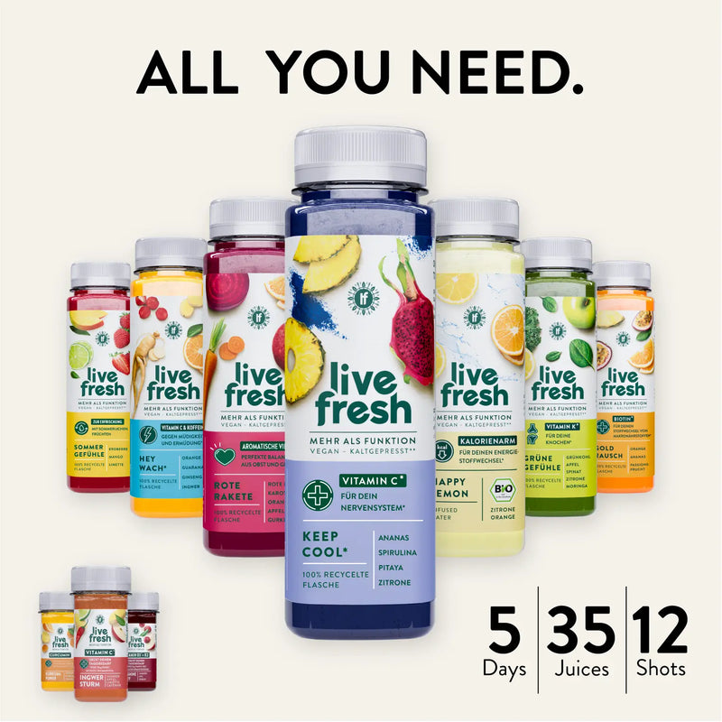 Line-up of colorful LiveFresh juices and shots with focus on the “Keep Cool” juice bottle in the middle. Text reads: “All you need” with info: 5 Days, 35 Juices, 12 Shots.
