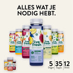 Verschillende sapflessen van LiveFresh, waaronder „Keep Cool“ in het midden. Tekst vermeldt: Alles wat je nodig hebt, 5 Dagen, 35 Sapjes, 12 Shots.