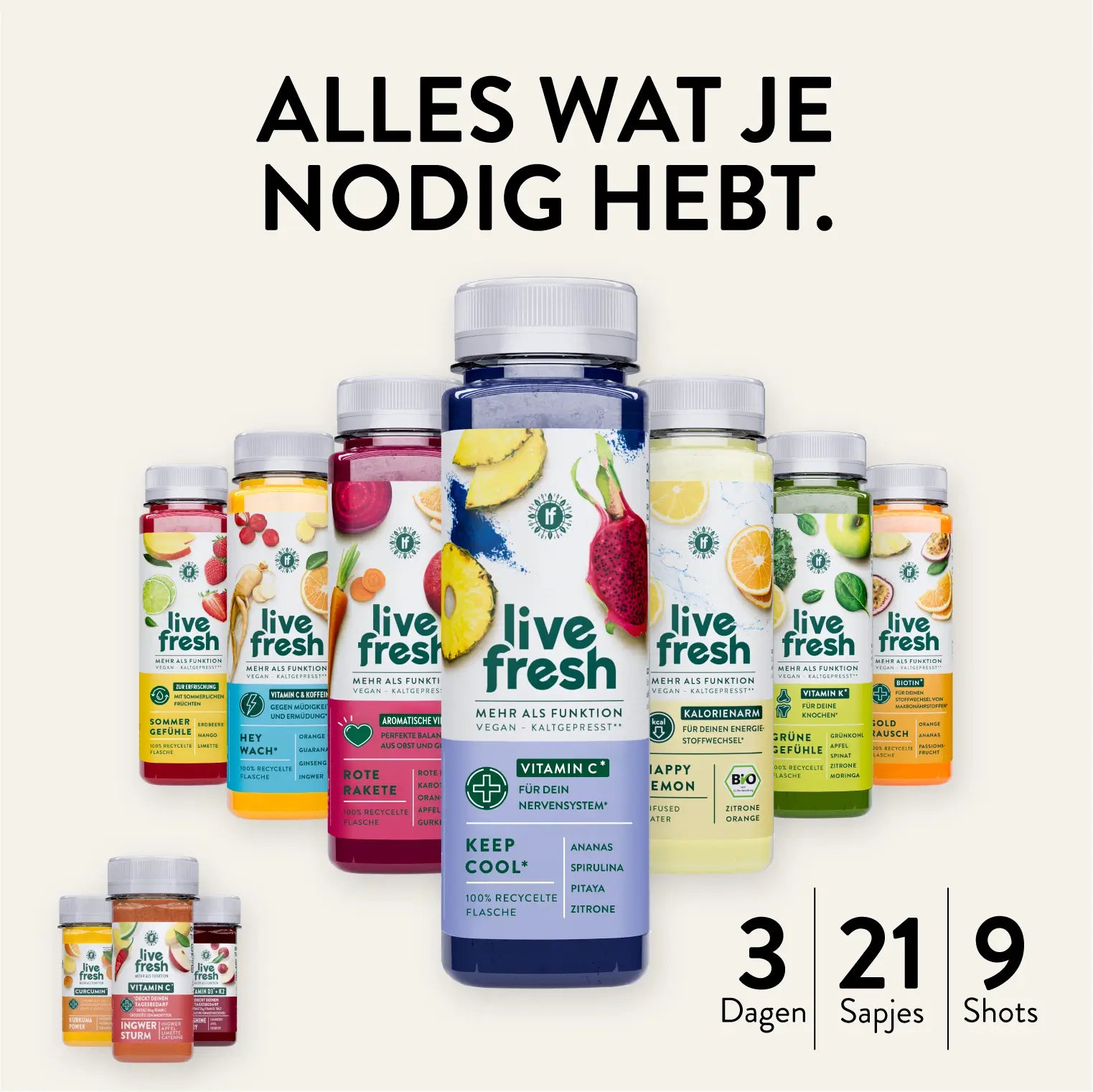 Zelfde sapassortiment van LiveFresh, deze keer met aanduiding: 3 Dagen, 21 Sapjes, 9 Shots. De fles „Keep Cool“ staat centraal.