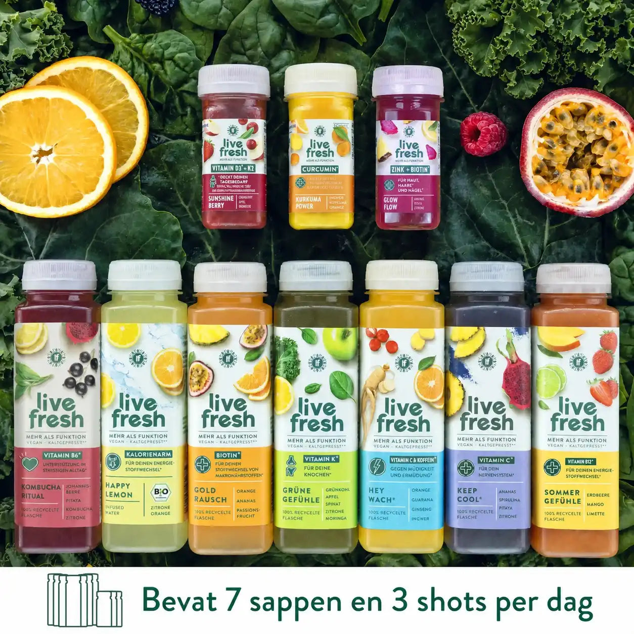 LiveFresh sapkuur met 7 sappen en 3 shots, omringd door vers fruit en bladgroenten, aangeduid als nieuw.