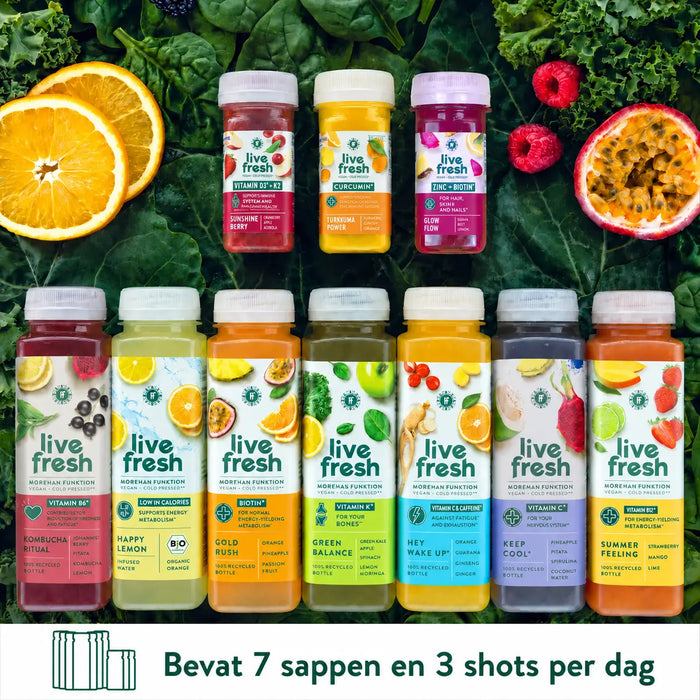 LiveFresh sapkuur met 7 sappen en 3 shots, omringd door vers fruit en bladgroenten, aangeduid als nieuw.