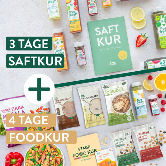 Diverse Auswahl an 'Live Fresh' Produkten, darunter Vegan Tikka Masala, verschiedene Porridge-Packungen und Trinkmahlzeit auf hellem Untergrund, ideal für eine ausgewogene Ernährung.