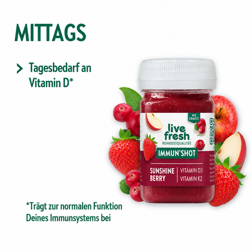 Live Fresh Immun Shot Sunshine Berry mit Erdbeeren Cranberry Apfel und Birne. Der Shot deckt mittags den Tagesbedarf an Vitamin D und enthält Vitamin D3 und Vitamin K2.