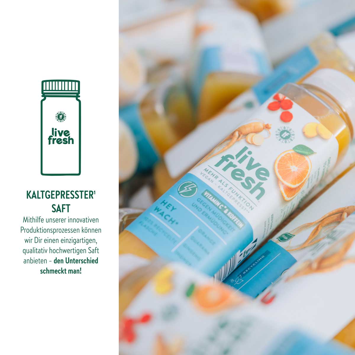 LiveFresh-Flaschen mit orangefarbenem, kaltgepresstem Saft in einer Kühlbox. Links sind eine stilisierte Flasche und der Text „Kaltgepresster Saft“ mit einem Hinweis auf die hochwertige Produktion abgebildet.
