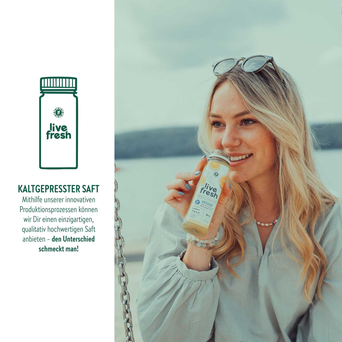 Junge Frau trinkt kaltgepressten LiveFresh Saft – Produktionsinfografik mit LiveFresh Logo und Slogan Den Unterschied schmeckt man – LiveFresh