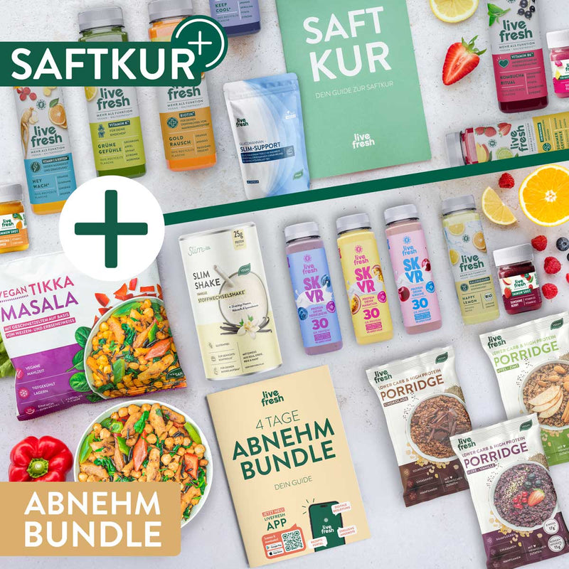 LiveFresh Abnehmbundle und Saftkur Produkte mit Protein Drinks. Funktionsgetränken. Slim Support. Slim Shake. Vegan Tikka Masala und Porridge. Im Mittelpunkt liegen die Guides mit der Aufschrift "Saft Kur. Dein Guide zur Saftkur" und "4 Tage Abnehm Bundle. Dein Guide". Große Beschriftungen zeigen außerdem "Saftkur" und "Abnehm Bundle".