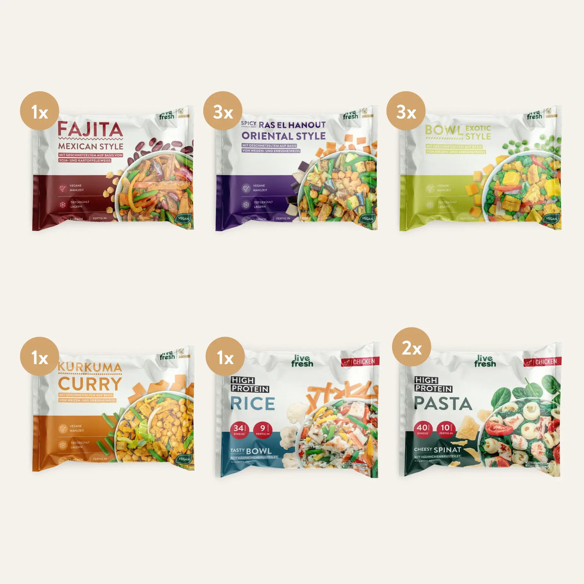 Das Live Fresh After Summer Bundle mit verschiedenen Fertiggerichten und Bowls. Enthalten sind Fajita Mexican Style. Ras el Hanout Oriental Style. Bowl Exotic Style. Kurkuma Curry. High Protein Rice und High Protein Pasta in unterschiedlichen Mengen.