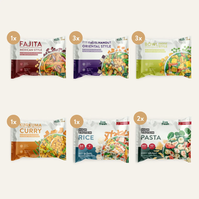 Das Live Fresh After Summer Bundle mit verschiedenen Fertiggerichten und Bowls. Enthalten sind Fajita Mexican Style. Ras el Hanout Oriental Style. Bowl Exotic Style. Kurkuma Curry. High Protein Rice und High Protein Pasta in unterschiedlichen Mengen.