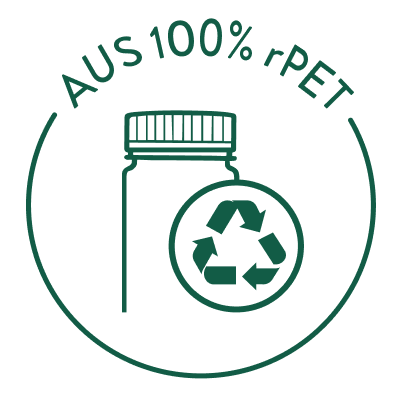 icon für 100 % recycletes PET. Eine Flacshe in der Mitte mit dem recycle-zeichen darüber und der Überschrift "Aus 1005 rPET"