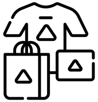 Schwarz-weißes Icon mit T-Shirt, Einkaufstasche und Handtasche, jeweils mit einem dreieckigen Symbol in der Mitte. Es steht für Mode oder Einkauf. 