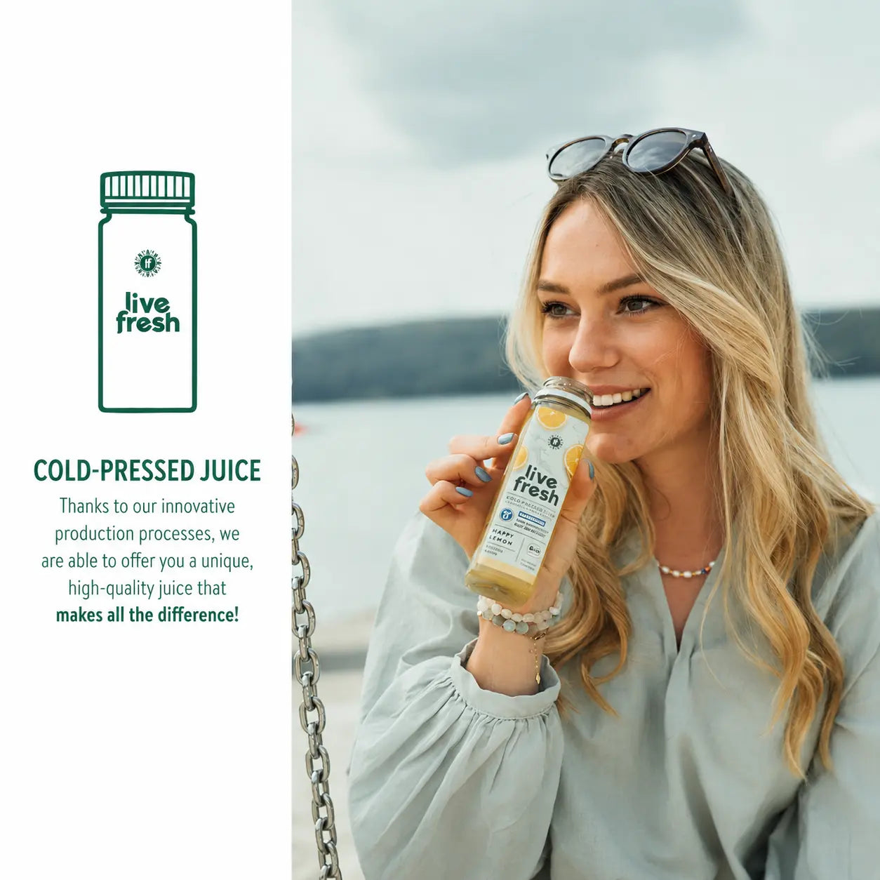 Blonde woman drinking a juice called happy lemon by LivFresh. On the left, their process of cold-pressed juices is mentioned for higher quality that makes all the difference.