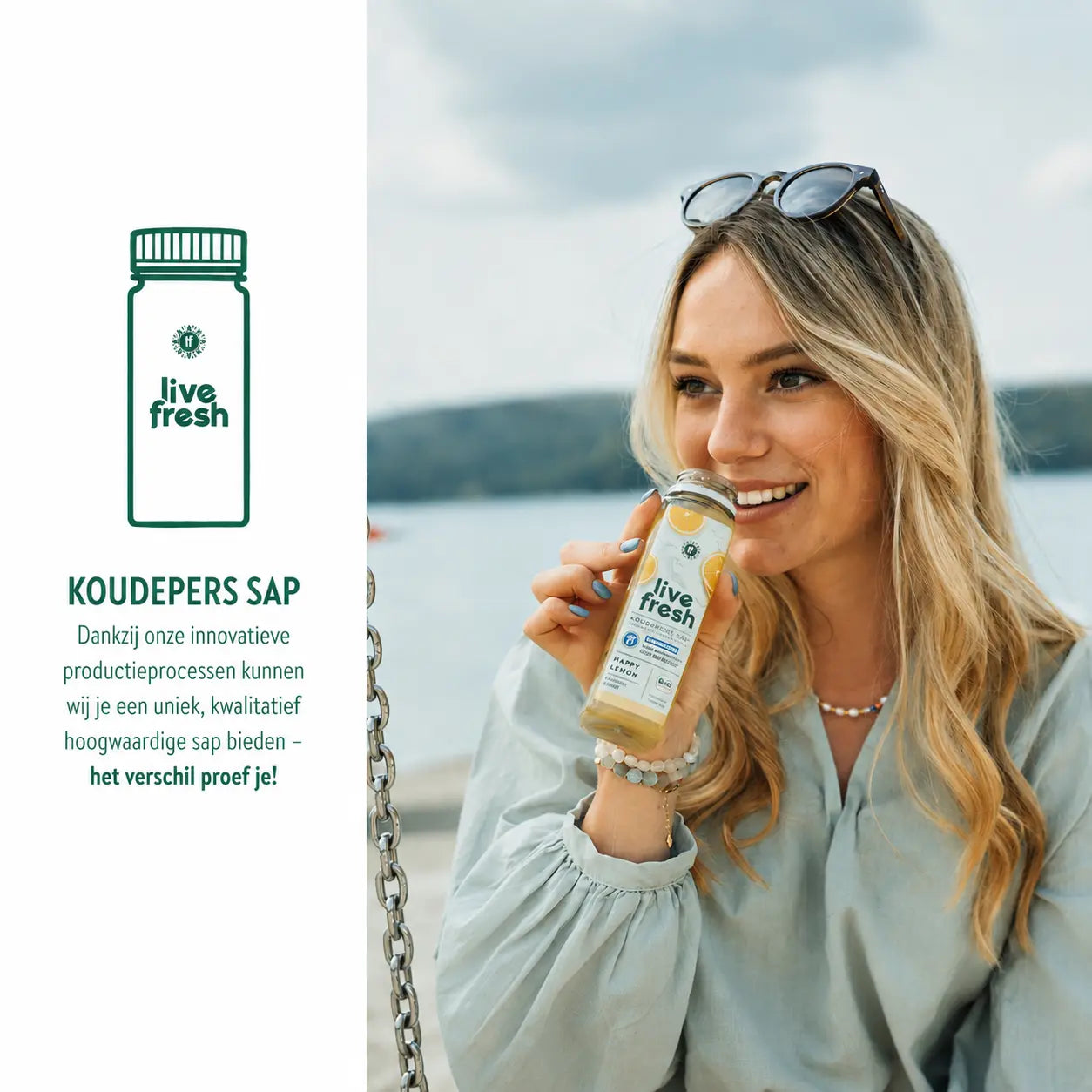 Een blonde vrouw drinkt een sapje genaamd 'Happy Lemon' van LivFresh. Aan de linkerkant wordt het proces van koudgeperste sappen vermeld; dit zorgt voor een hogere kwaliteit die het verschil maakt.