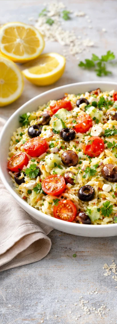 closeup of a risoni salad with olives and toast