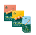 3 Pasta Packungen nebeneinander. High Protein, lower carb. SOrten: Penne, Fusilli, Risoni.