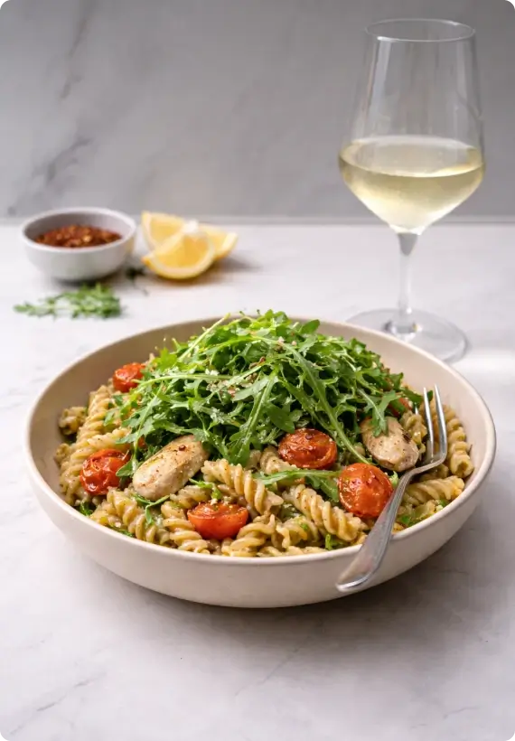 Alt text: Teller mit High Protein Pasta aus Fusilli mit Rucola, gebratenen Hähnchenstücken und gerösteten Kirschtomaten. Daneben steht ein Glas Weißwein auf einem hellen Tisch