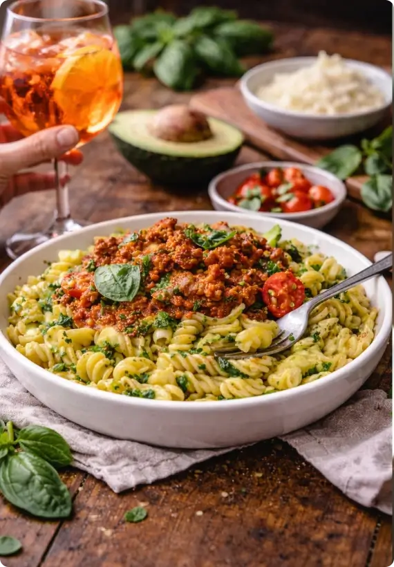 Teller mit High Protein Pasta aus Fusilli mit würziger Tomaten Bolognese, frischem Basilikum und halbierten Kirschtomaten auf einem Holztisch. Im Hintergrund stehen Avocado, Tomaten und ein Glas Aperitif.