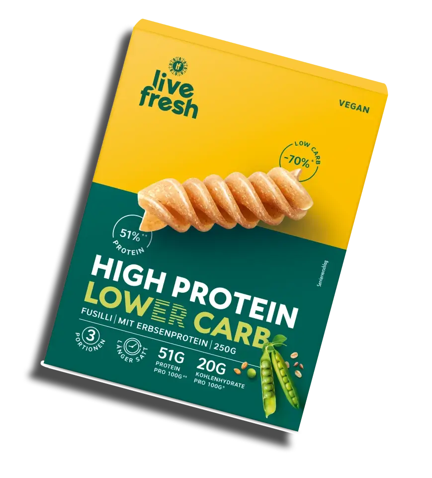 Verpackung von LiveFresh High Protein Lower Carb Fusilli aus Erbsenprotein mit 51 Prozent Protein und 70 Prozent weniger Kohlenhydraten. Vegane Pasta mit 250 Gramm Inhalt auf gelb grünem Design.