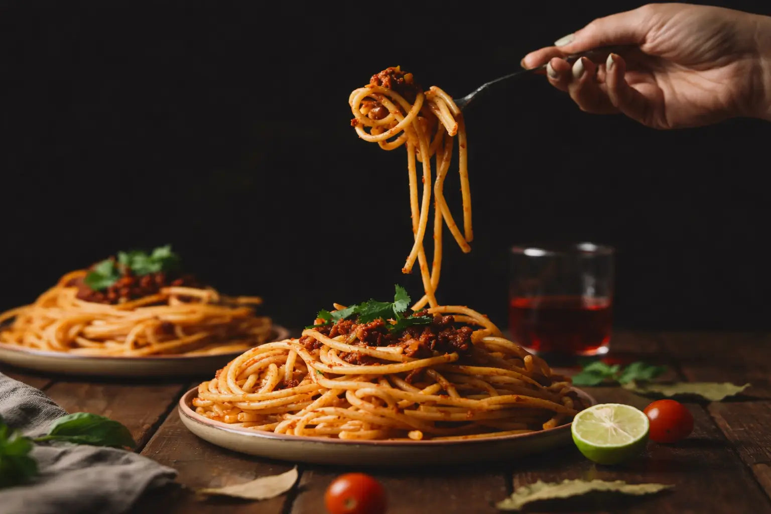 Gabel hebt lange Spaghetti mit Bolognese über einen Teller mit Pasta auf einem Holztisch. Im Hintergrund stehen Kräuter, Tomaten und ein Glas Rotwein vor dunklem Hintergrund.